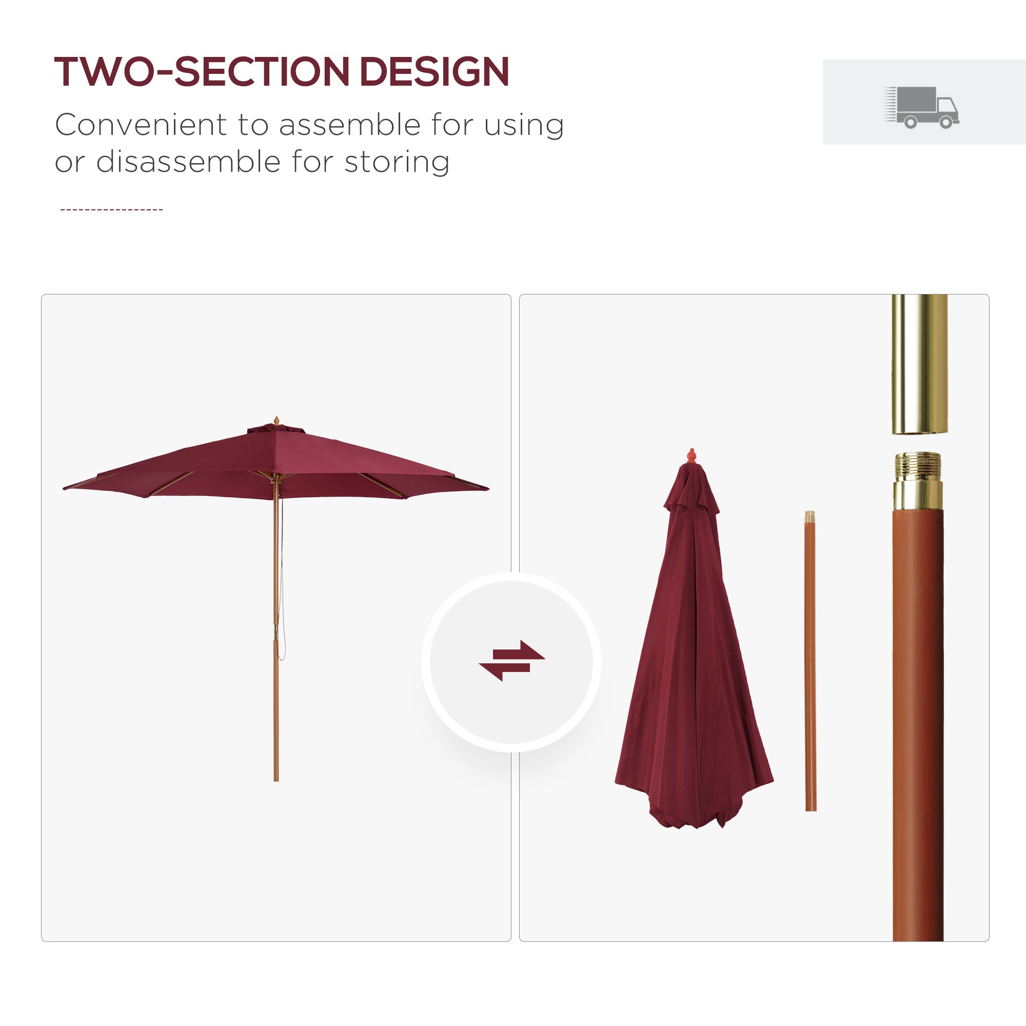 Outsunny 3(m) Garden Parasol, Pulley Operated Patio Umbrella, Wooden Table Market Umbrella with Rope Pulley Mechanism and 8 Ribs, Wine Red 