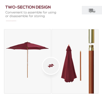 Outsunny 3(m) Garden Parasol, Pulley Operated Patio Umbrella, Wooden Table Market Umbrella with Rope Pulley Mechanism and 8 Ribs, Wine Red 