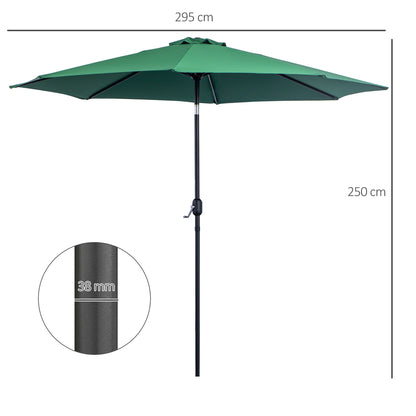 Outsunny 3(m) Tilting Parasol Garden Umbrellas, Outdoor Sun Shade with 8 Ribs, Tilt and Crank Handle for Balcony, Bench, Garden, Green 