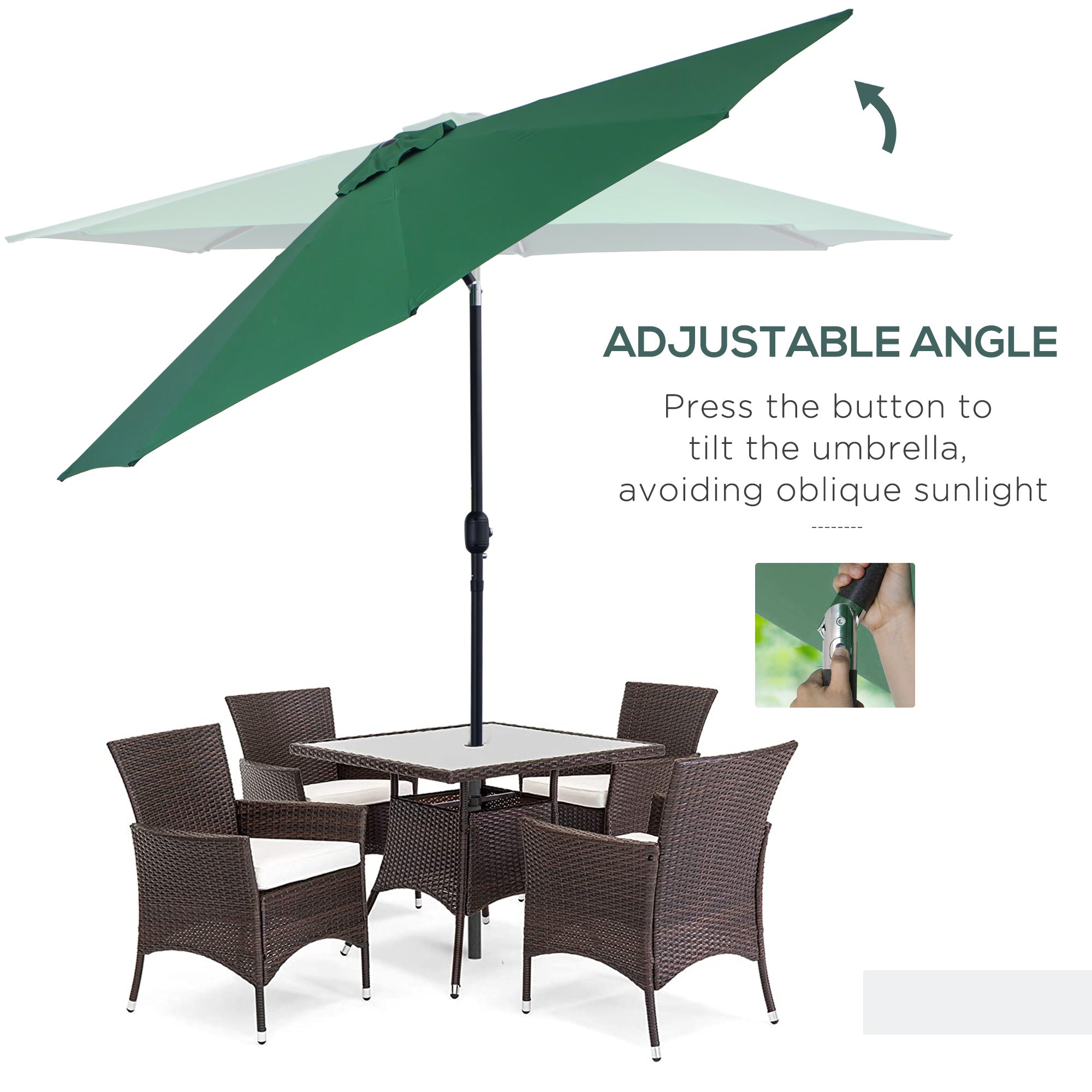 Outsunny 3(m) Tilting Parasol Garden Umbrellas, Outdoor Sun Shade with 8 Ribs, Tilt and Crank Handle for Balcony, Bench, Garden, Green 