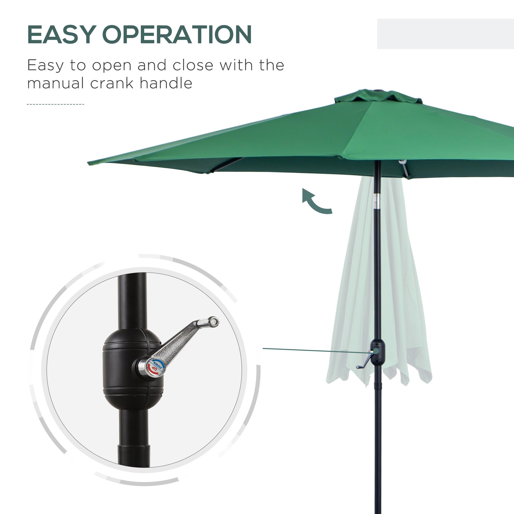 Outsunny 3(m) Tilting Parasol Garden Umbrellas, Outdoor Sun Shade with 8 Ribs, Tilt and Crank Handle for Balcony, Bench, Garden, Green 