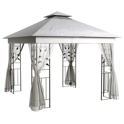 Outsunny 3(m) x 3(m)  Double Roof Outdoor Garden Gazebo Canopy Shelter with Netting, Solid Steel Frame, Light Grey 