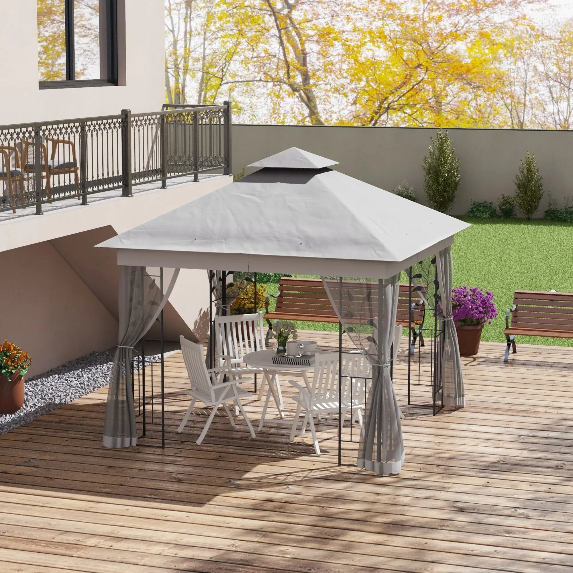 Outsunny 3(m) x 3(m)  Double Roof Outdoor Garden Gazebo Canopy Shelter with Netting, Solid Steel Frame, Light Grey 