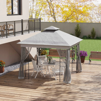 Outsunny 3(m) x 3(m)  Double Roof Outdoor Garden Gazebo Canopy Shelter with Netting, Solid Steel Frame, Light Grey 