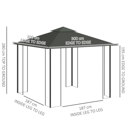 Outsunny 3(m) x 3(m)  Double Roof Outdoor Garden Gazebo Canopy Shelter with Netting, Solid Steel Frame, Light Grey 