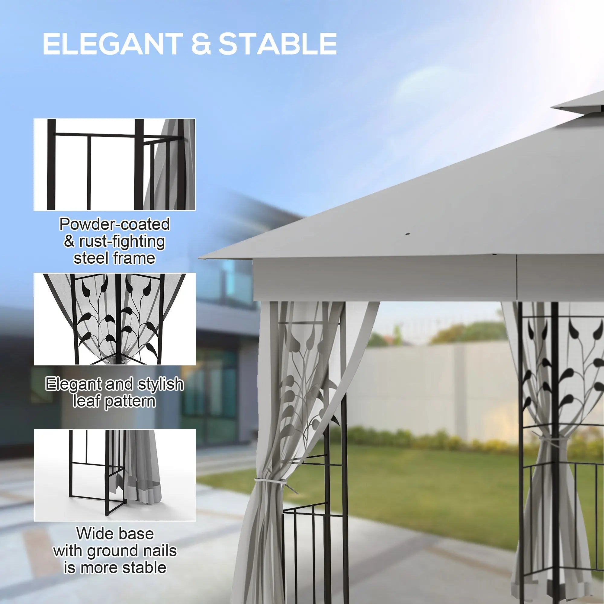 Outsunny 3(m) x 3(m)  Double Roof Outdoor Garden Gazebo Canopy Shelter with Netting, Solid Steel Frame, Light Grey 