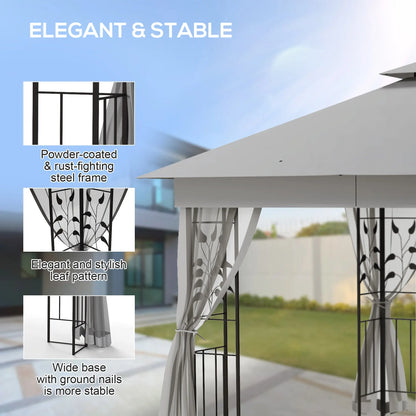 Outsunny 3(m) x 3(m)  Double Roof Outdoor Garden Gazebo Canopy Shelter with Netting, Solid Steel Frame, Light Grey 