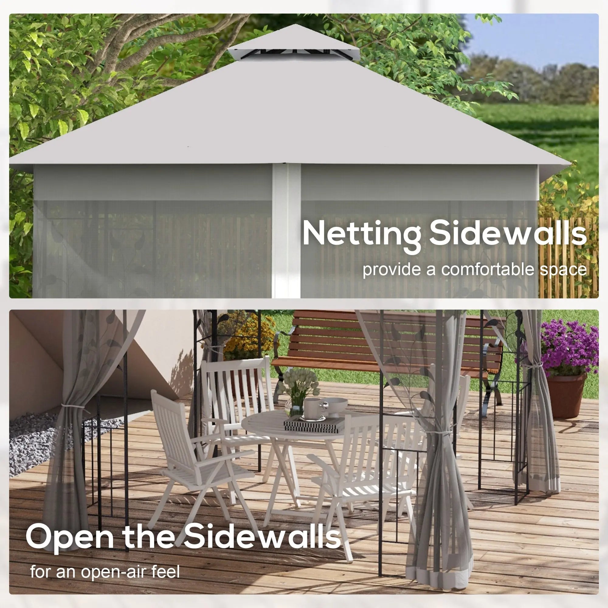 Outsunny 3(m) x 3(m)  Double Roof Outdoor Garden Gazebo Canopy Shelter with Netting, Solid Steel Frame, Light Grey 