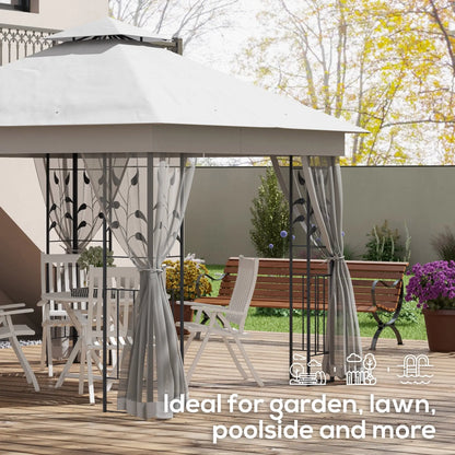 Outsunny 3(m) x 3(m)  Double Roof Outdoor Garden Gazebo Canopy Shelter with Netting, Solid Steel Frame, Light Grey 