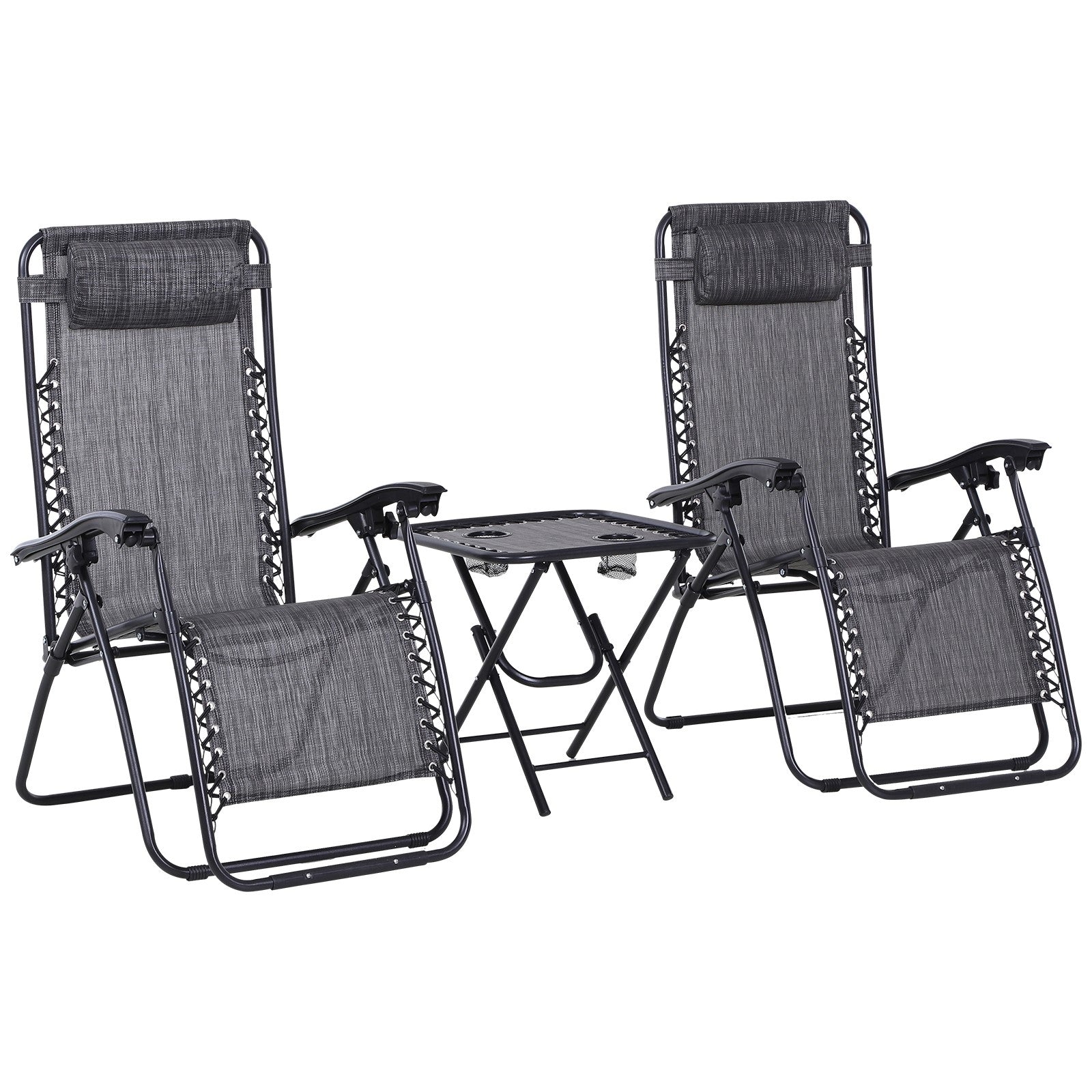 Outsunny 3pcs Folding Zero Gravity Chairs Sun Lounger Table Set w/ Cup Holders Reclining Garden Yard Pool, Light Grey 