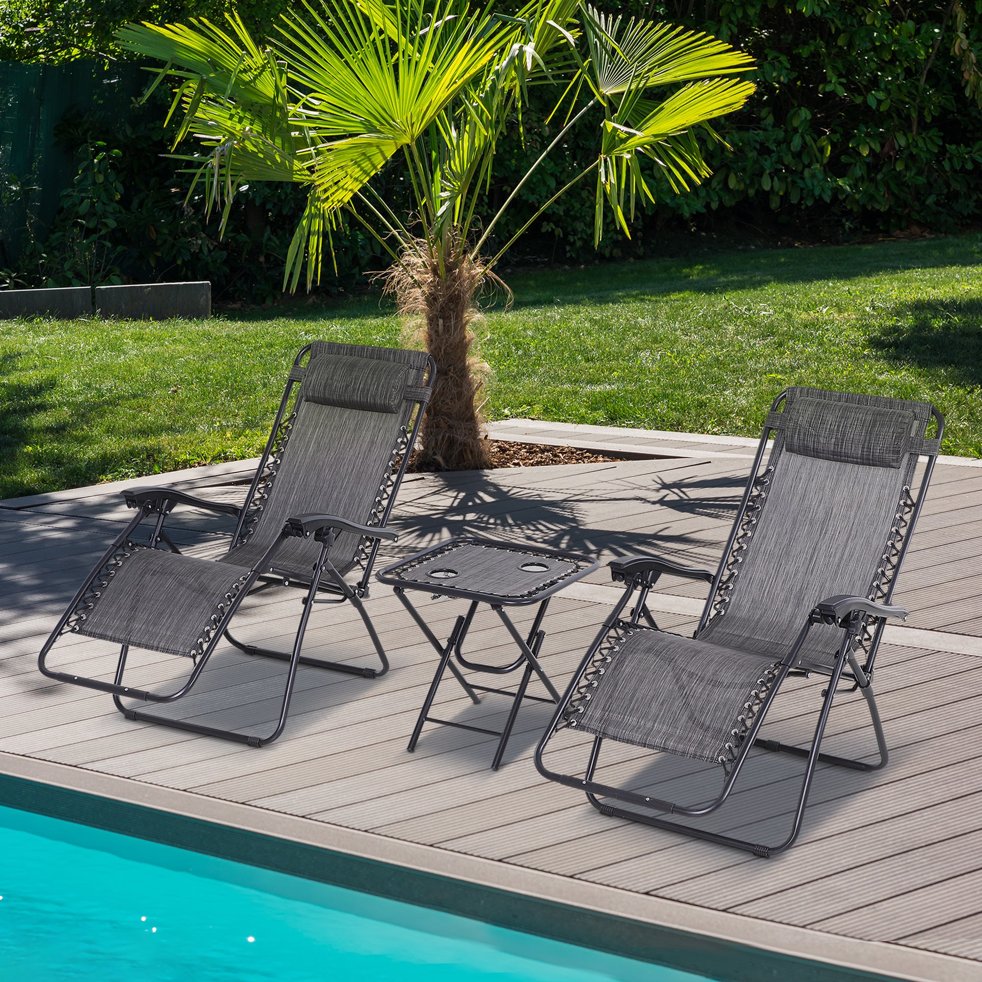 Outsunny 3pcs Folding Zero Gravity Chairs Sun Lounger Table Set w/ Cup Holders Reclining Garden Yard Pool, Light Grey 