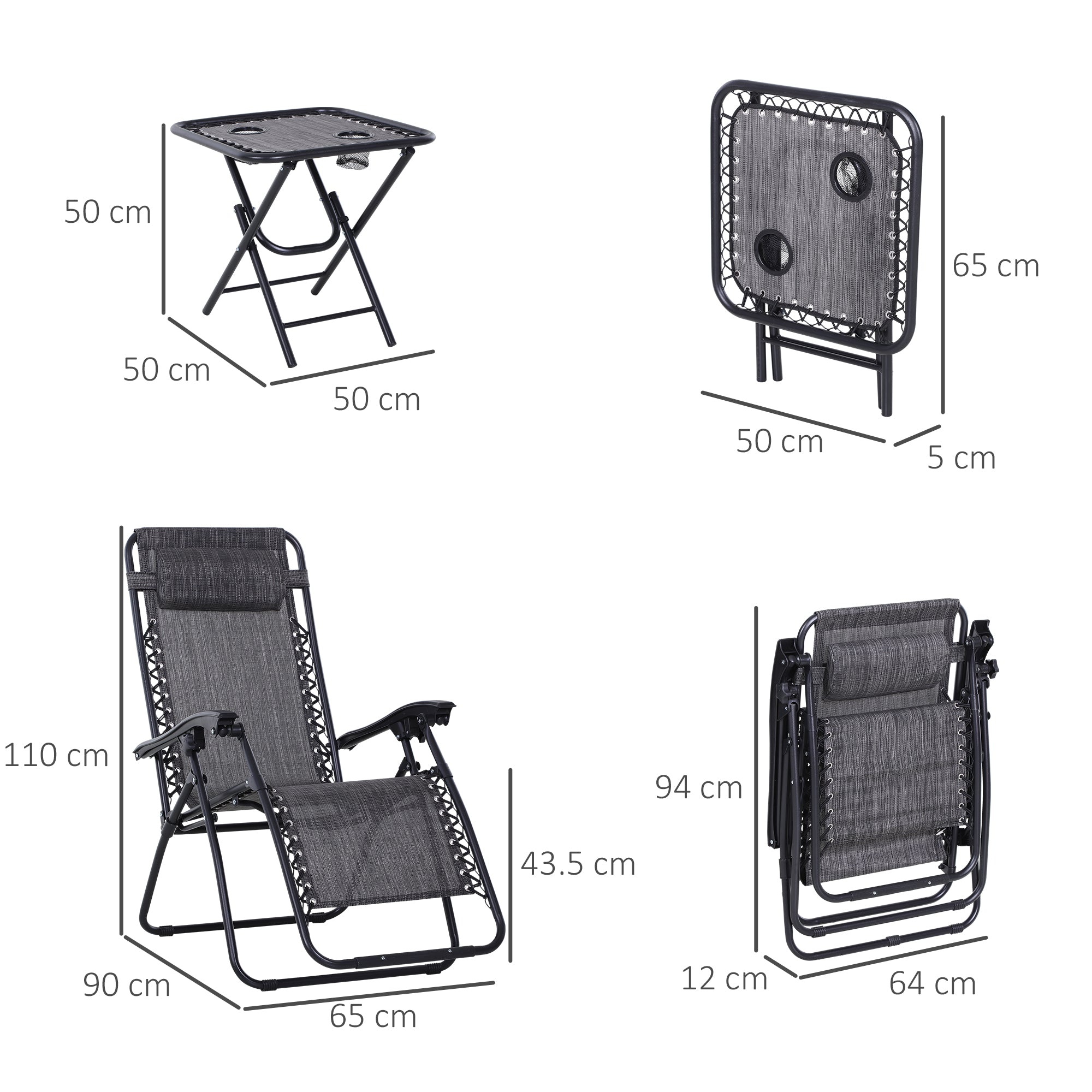 Outsunny 3pcs Folding Zero Gravity Chairs Sun Lounger Table Set w/ Cup Holders Reclining Garden Yard Pool, Light Grey 