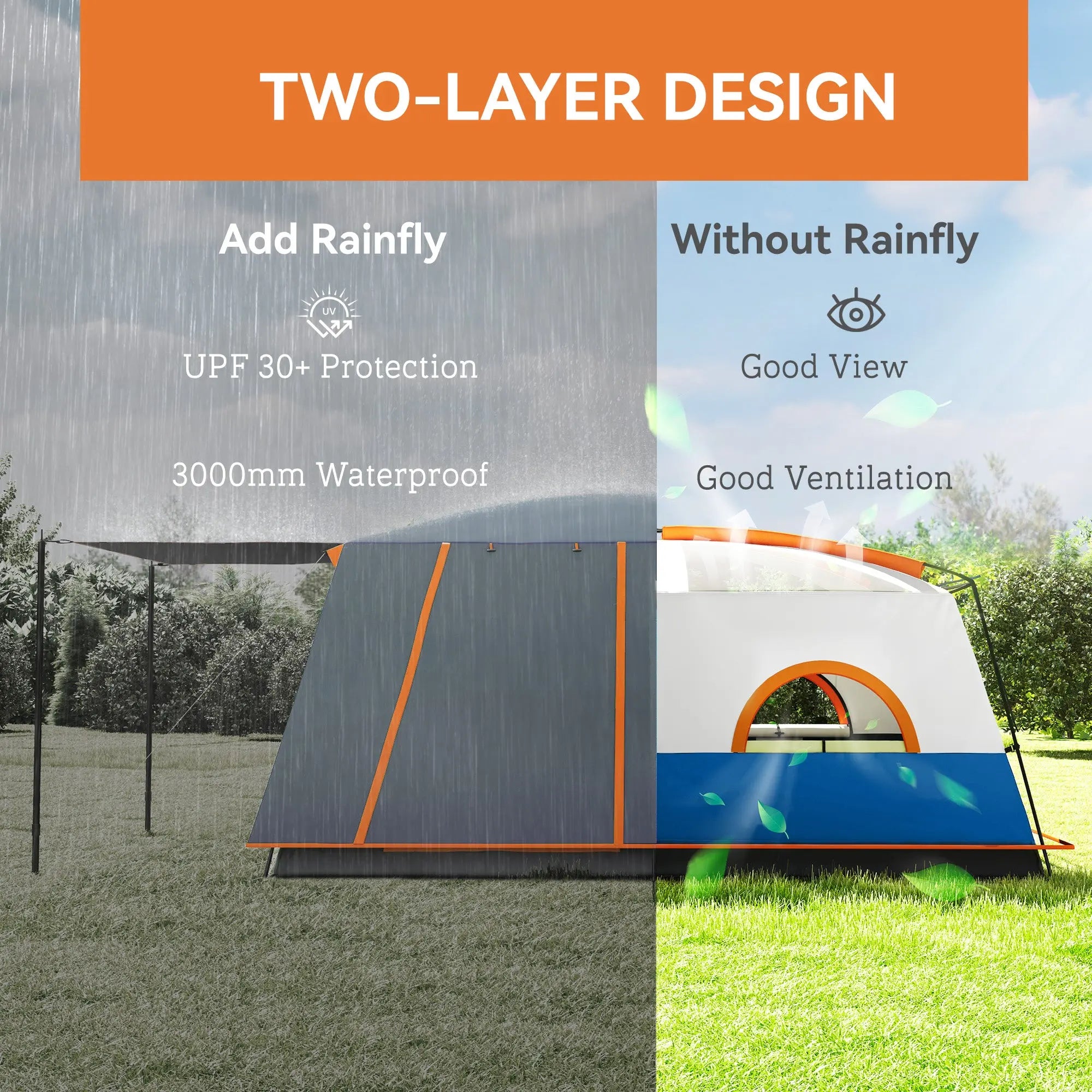 Outsunny 4-6 Man Camping Tent, Double Layer Tunnel Tent with Porch, Living Area and 2 Bedrooms, Sewn in Groundsheet, 3000mm Waterproof and UPF 30+, Portable with Bag, Blue 