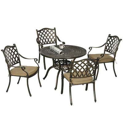 Outsunny 4 Seater Outdoor Dining Set Antique Cast Aluminium Garden Furniture Set with Cushions Round Dining Table with Parasol Hole, Bronze 