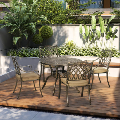 Outsunny 4 Seater Outdoor Dining Set Antique Cast Aluminium Garden Furniture Set with Cushions Round Dining Table with Parasol Hole, Bronze 
