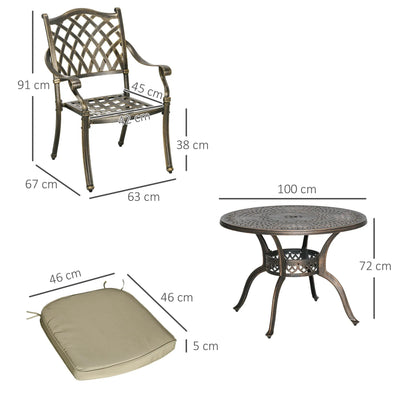 Outsunny 4 Seater Outdoor Dining Set Antique Cast Aluminium Garden Furniture Set with Cushions Round Dining Table with Parasol Hole, Bronze 