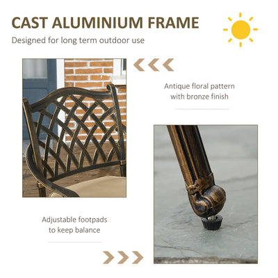 Outsunny 4 Seater Outdoor Dining Set Antique Cast Aluminium Garden Furniture Set with Cushions Round Dining Table with Parasol Hole, Bronze 