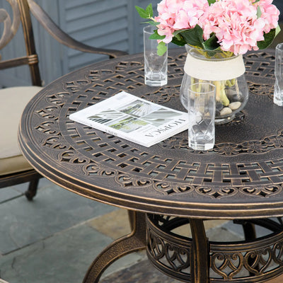 Outsunny 4 Seater Outdoor Dining Set Antique Cast Aluminium Garden Furniture Set with Cushions Round Dining Table with Parasol Hole, Bronze 