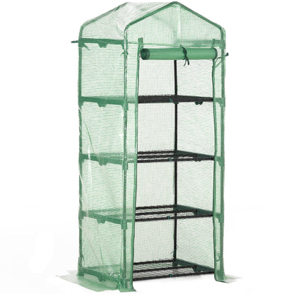 Outsunny 4 Tier Mini Greenhouse, Portable Compact Green House with Steel Frame, PE Cover, Roll-up Door, 70 x 50 x 160 cm, Green 