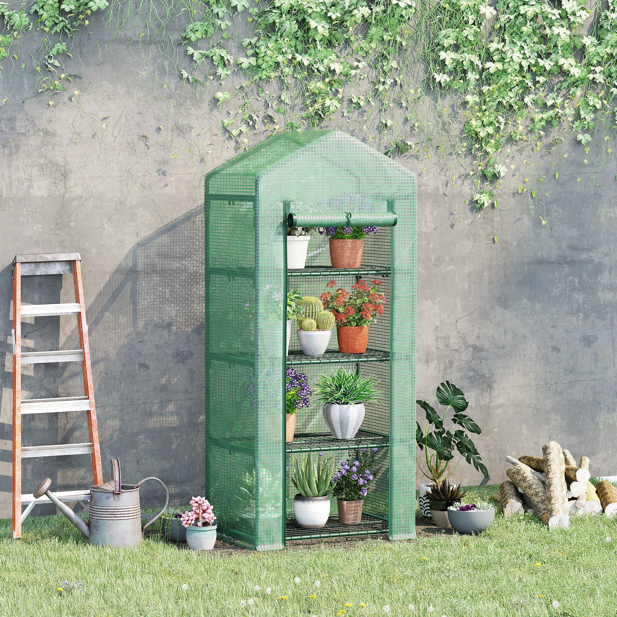 Outsunny 4 Tier Mini Greenhouse, Portable Compact Green House with Steel Frame, PE Cover, Roll-up Door, 70 x 50 x 160 cm, Green 