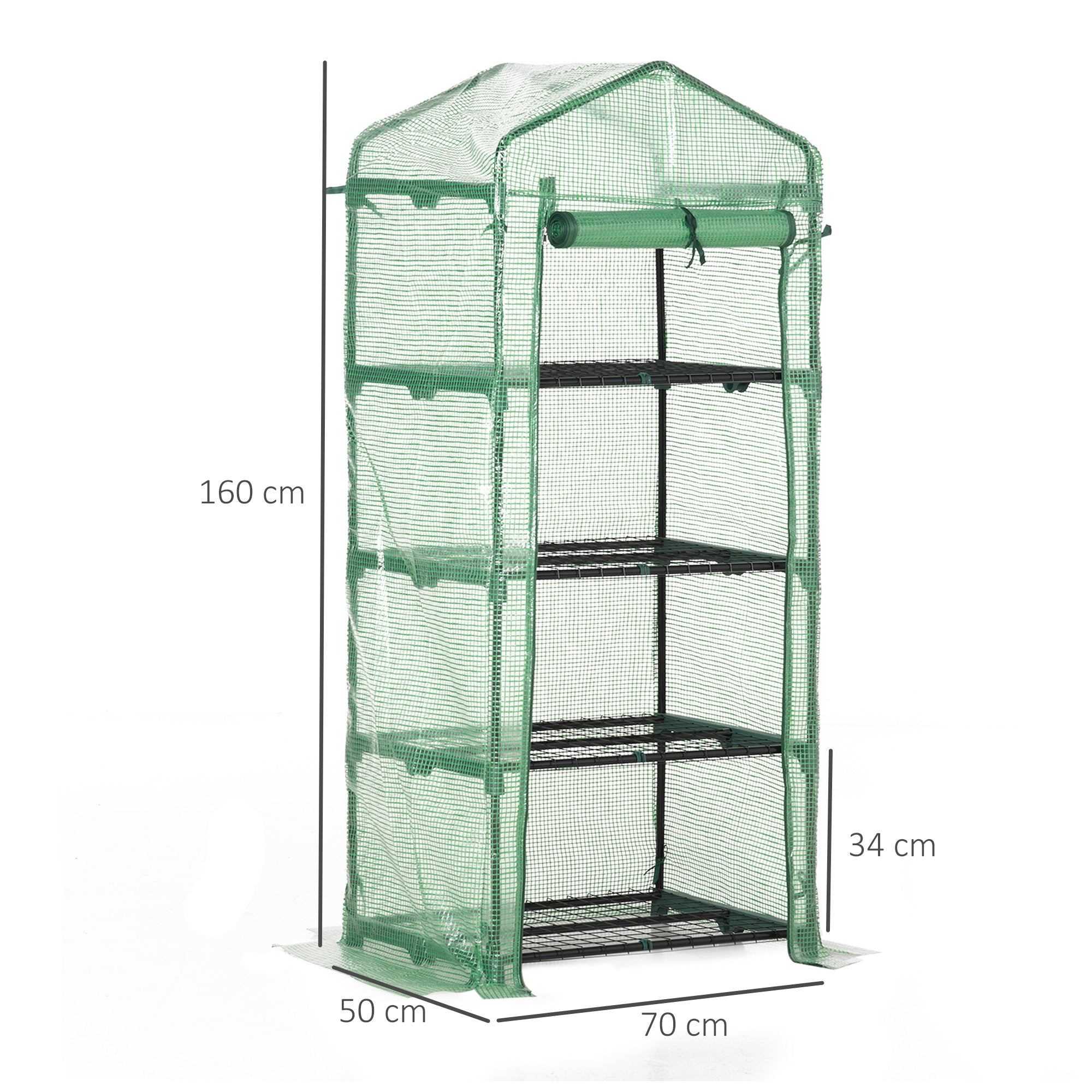 Outsunny 4 Tier Mini Greenhouse, Portable Compact Green House with Steel Frame, PE Cover, Roll-up Door, 70 x 50 x 160 cm, Green 