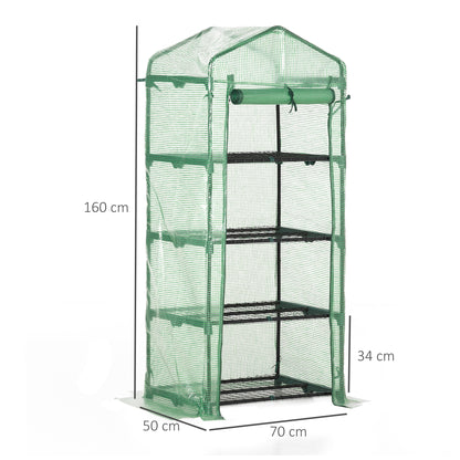 Outsunny 4 Tier Mini Greenhouse, Portable Compact Green House with Steel Frame, PE Cover, Roll-up Door, 70 x 50 x 160 cm, Green 