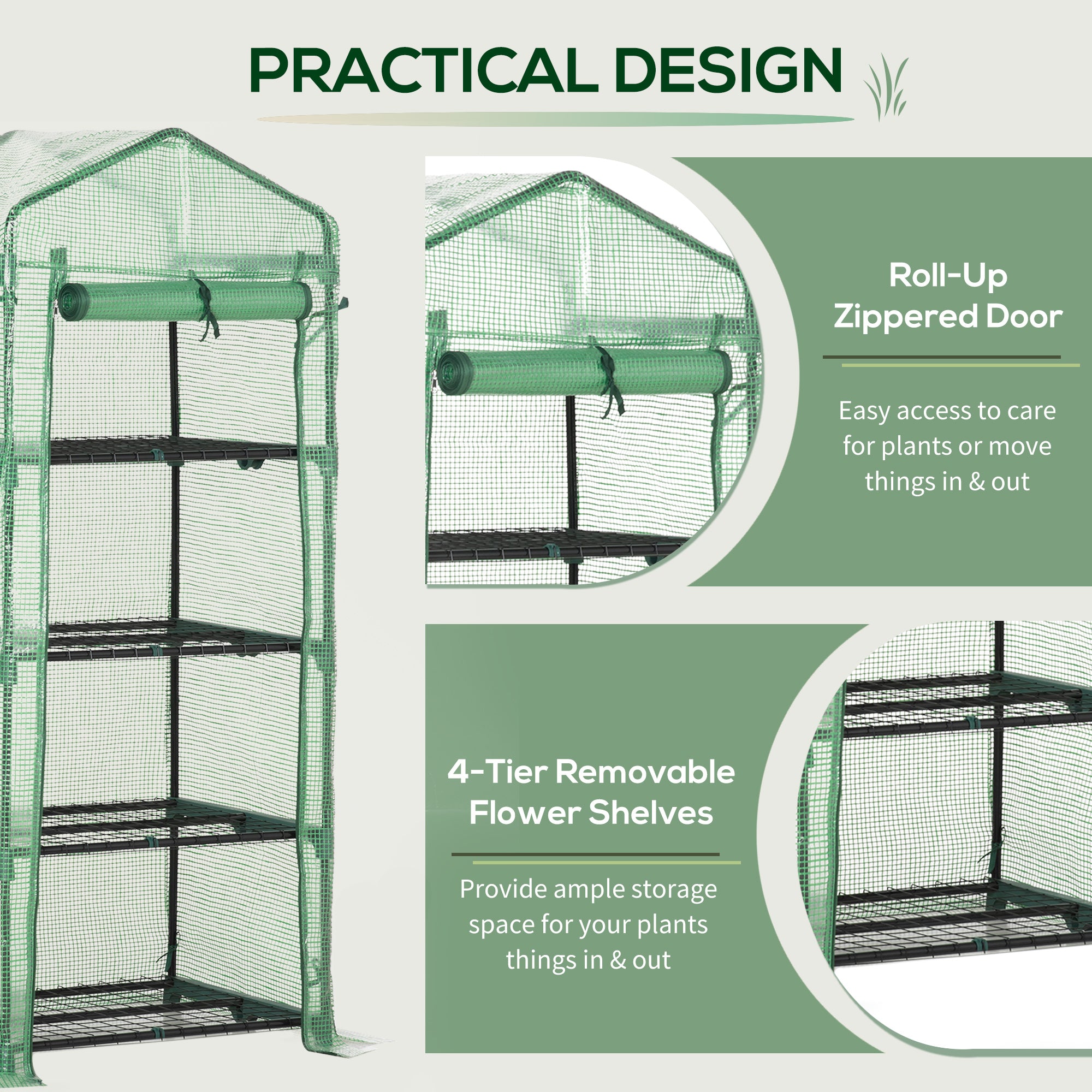 Outsunny 4 Tier Mini Greenhouse, Portable Compact Green House with Steel Frame, PE Cover, Roll-up Door, 70 x 50 x 160 cm, Green 