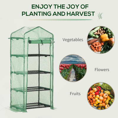 Outsunny 4 Tier Mini Greenhouse, Portable Compact Green House with Steel Frame, PE Cover, Roll-up Door, 70 x 50 x 160 cm, Green 