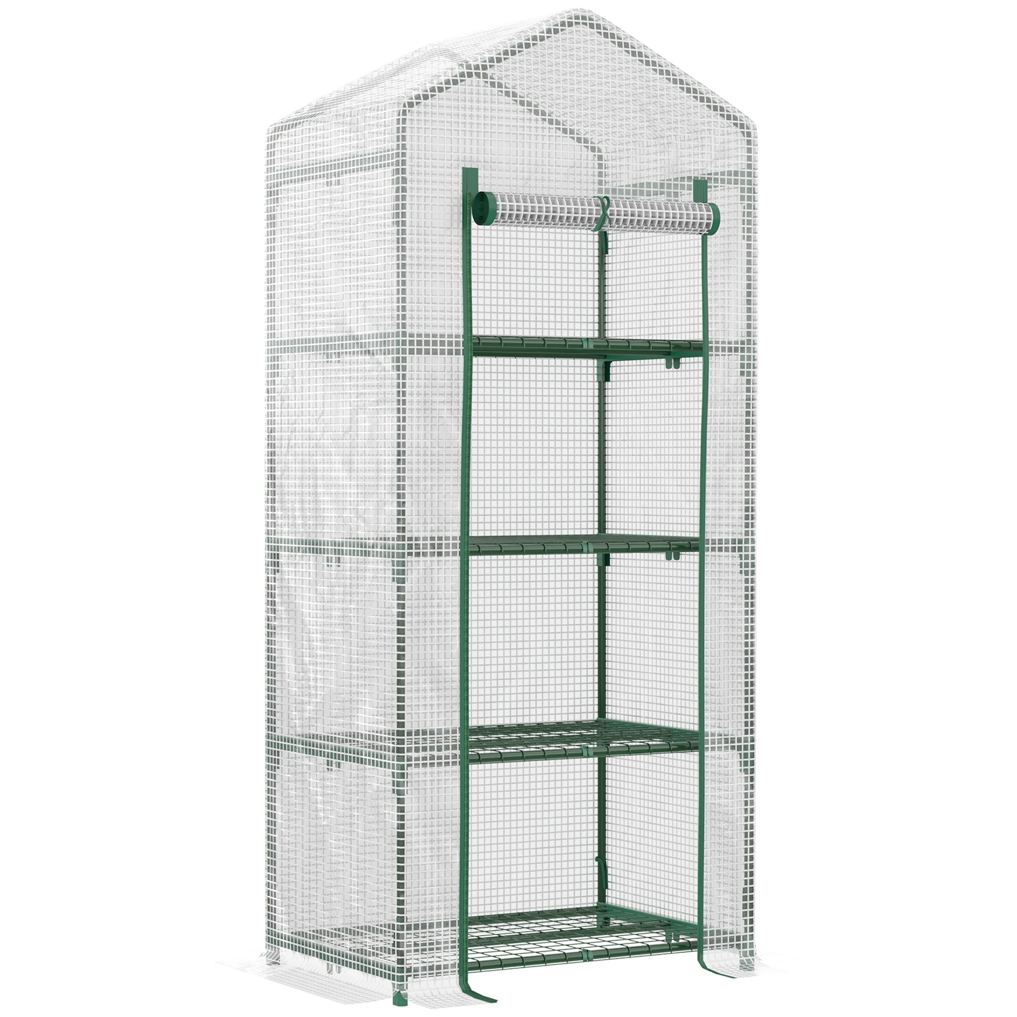 Outsunny 4 Tier Mini Greenhouse, Portable Compact Green House with Steel Frame, PE Cover, Roll-up Door, 70 x 50 x 160 cm, White 