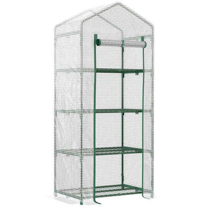 Outsunny 4 Tier Mini Greenhouse, Portable Compact Green House with Steel Frame, PE Cover, Roll-up Door, 70 x 50 x 160 cm, White 