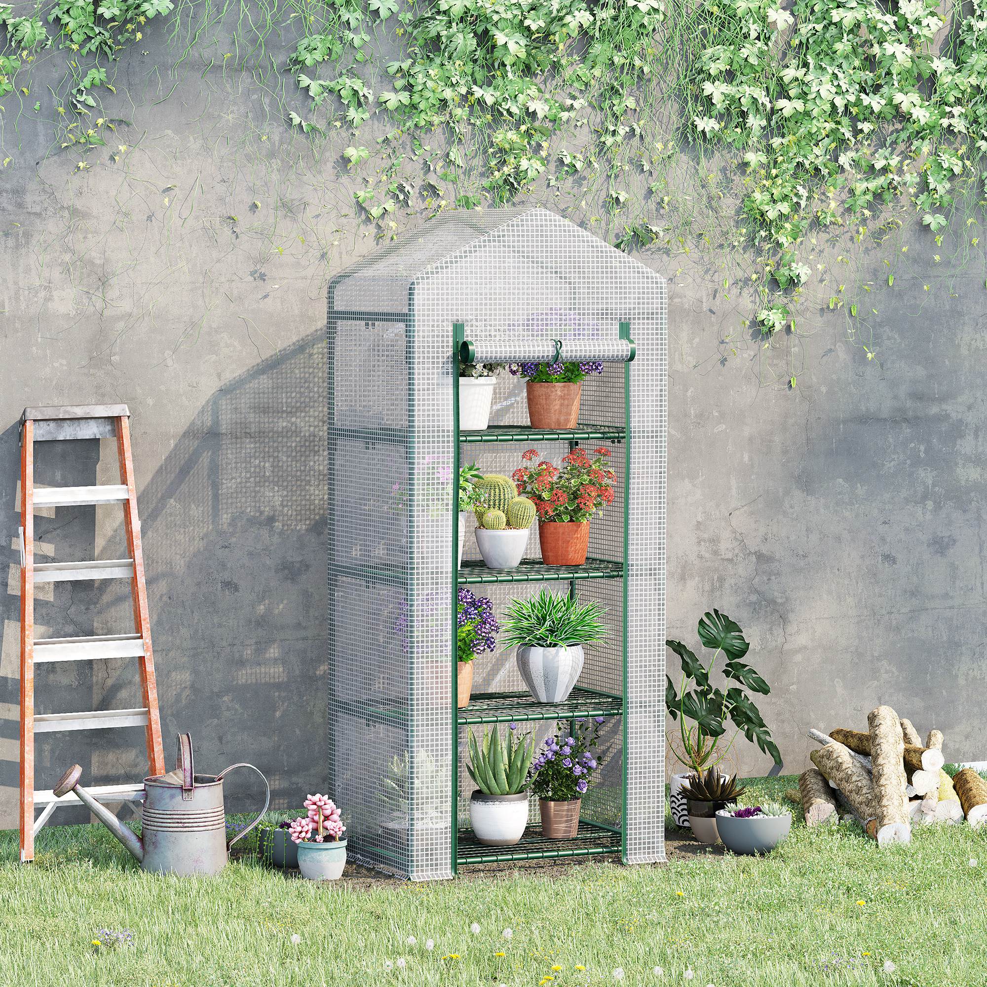 Outsunny 4 Tier Mini Greenhouse, Portable Compact Green House with Steel Frame, PE Cover, Roll-up Door, 70 x 50 x 160 cm, White 