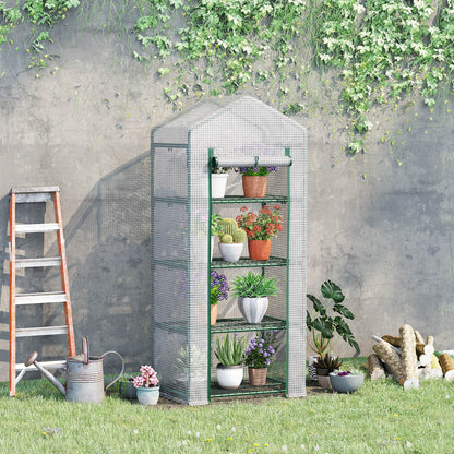 Outsunny 4 Tier Mini Greenhouse, Portable Compact Green House with Steel Frame, PE Cover, Roll-up Door, 70 x 50 x 160 cm, White 