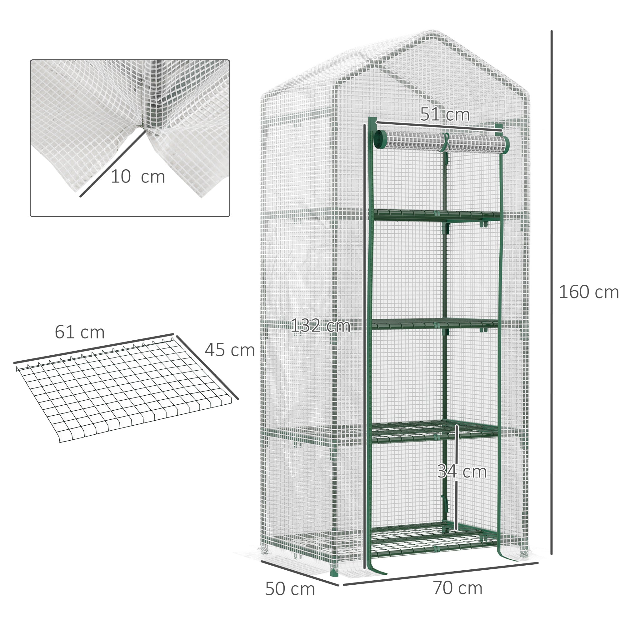 Outsunny 4 Tier Mini Greenhouse, Portable Compact Green House with Steel Frame, PE Cover, Roll-up Door, 70 x 50 x 160 cm, White 