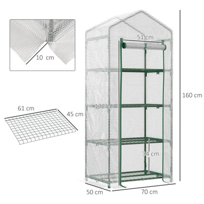 Outsunny 4 Tier Mini Greenhouse, Portable Compact Green House with Steel Frame, PE Cover, Roll-up Door, 70 x 50 x 160 cm, White 