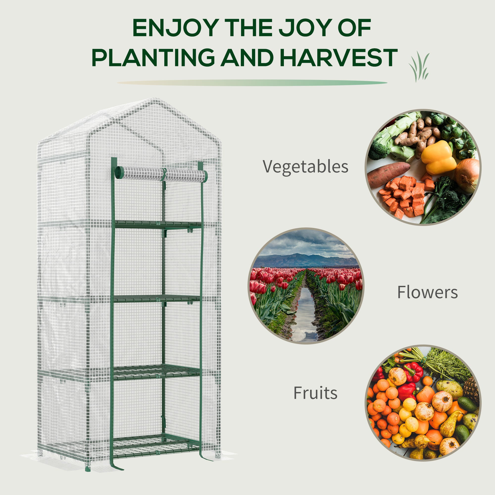 Outsunny 4 Tier Mini Greenhouse, Portable Compact Green House with Steel Frame, PE Cover, Roll-up Door, 70 x 50 x 160 cm, White 