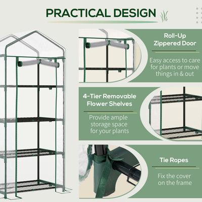 Outsunny 4 Tiers Mini Portable Greenhouse Compact Plant Grow Shed Metal Frame Transparent Clear Cover 160H x 70L x 50Wcm 