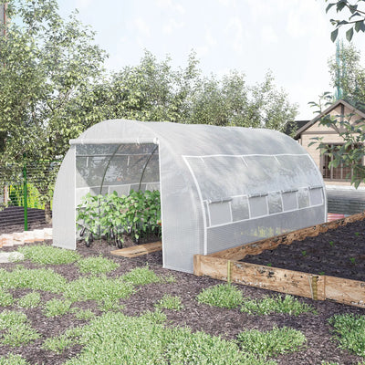 Outsunny 4 x 3 x 2 m Polytunnel Greenhouse with Roll-up Side Walls, Walk-in Grow House Tent with Steel Frame, Reinforced Cover, Zipped Door and 12 Mesh Windows for Garden, White 
