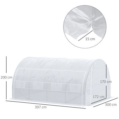 Outsunny 4 x 3 x 2 m Polytunnel Greenhouse with Roll-up Side Walls, Walk-in Grow House Tent with Steel Frame, Reinforced Cover, Zipped Door and 12 Mesh Windows for Garden, White 