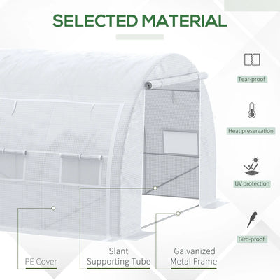 Outsunny 4 x 3 x 2 m Polytunnel Greenhouse with Roll-up Side Walls, Walk-in Grow House Tent with Steel Frame, Reinforced Cover, Zipped Door and 12 Mesh Windows for Garden, White 
