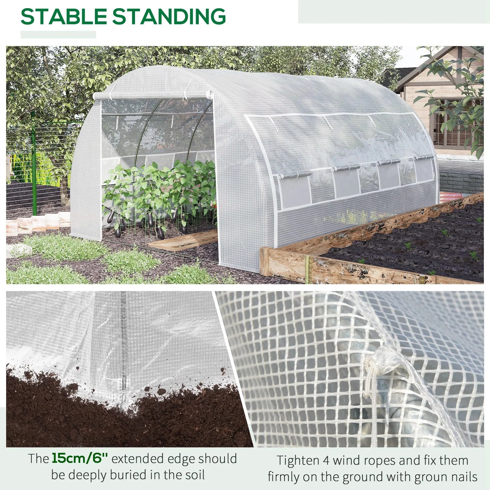 Outsunny 4 x 3 x 2 m Polytunnel Greenhouse with Roll-up Side Walls, Walk-in Grow House Tent with Steel Frame, Reinforced Cover, Zipped Door and 12 Mesh Windows for Garden, White 