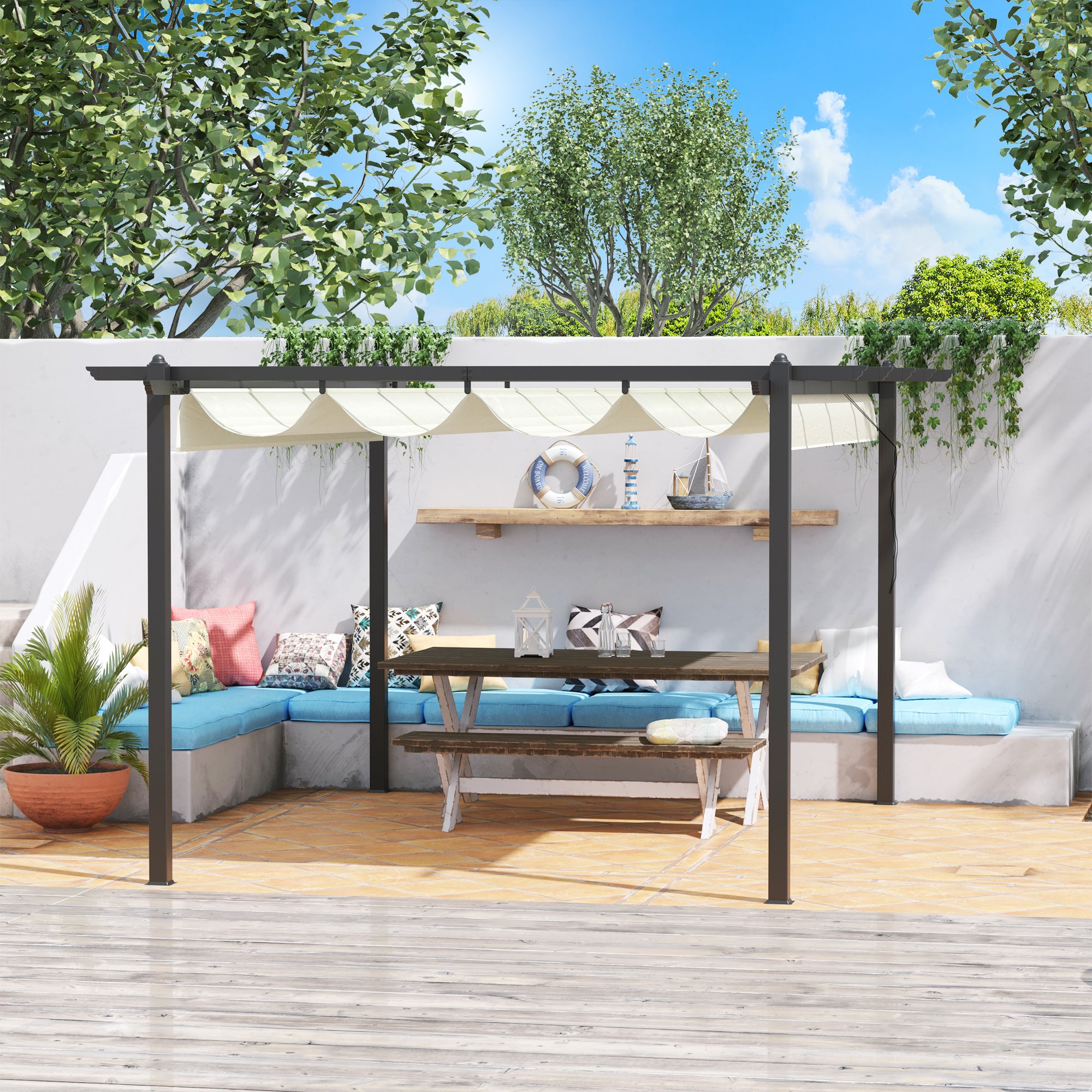 Outsunny 4 x 3(m) Aluminium Pergola with Retractable Roof, Garden Gazebo Canopy Shelter for Outdoor, Patio, Cream White 