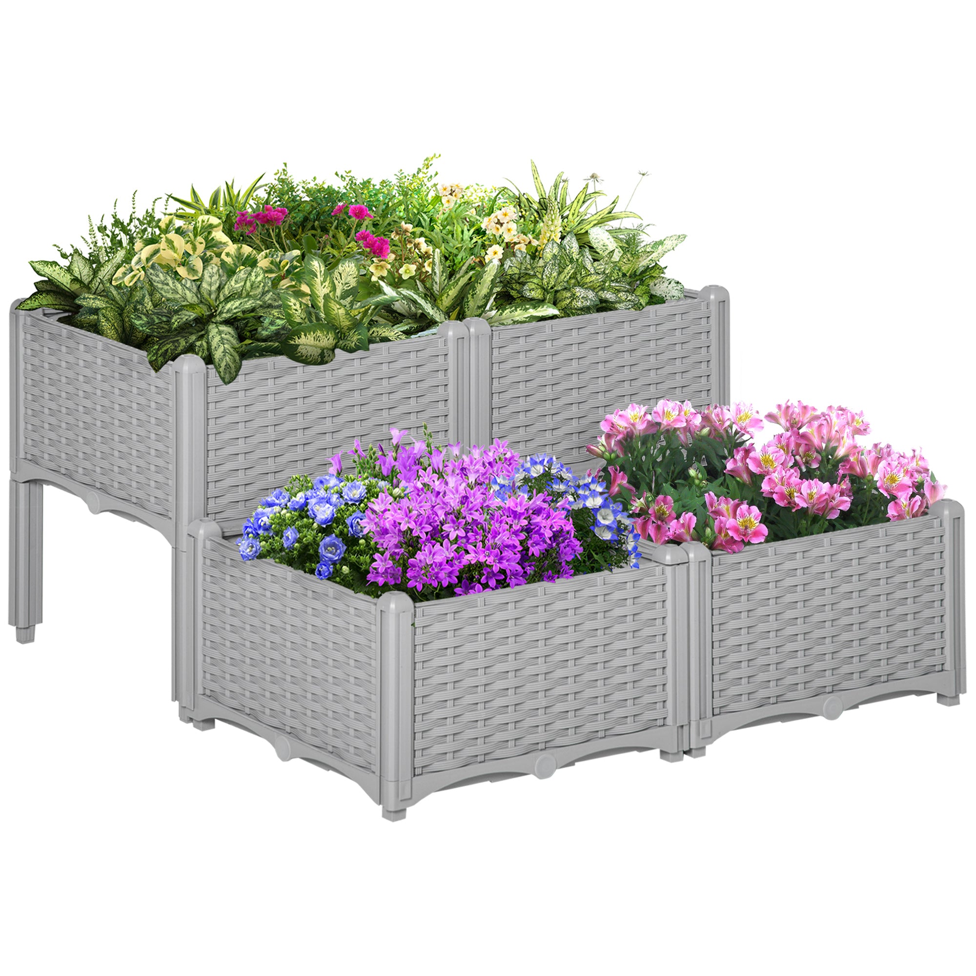 Outsunny 40cm x 40cm x 44cm 26L Set of 4 Garden Raised Bed Elevated Patio Flower Plant Planter Box PP Vegetables Planting Container, Grey 