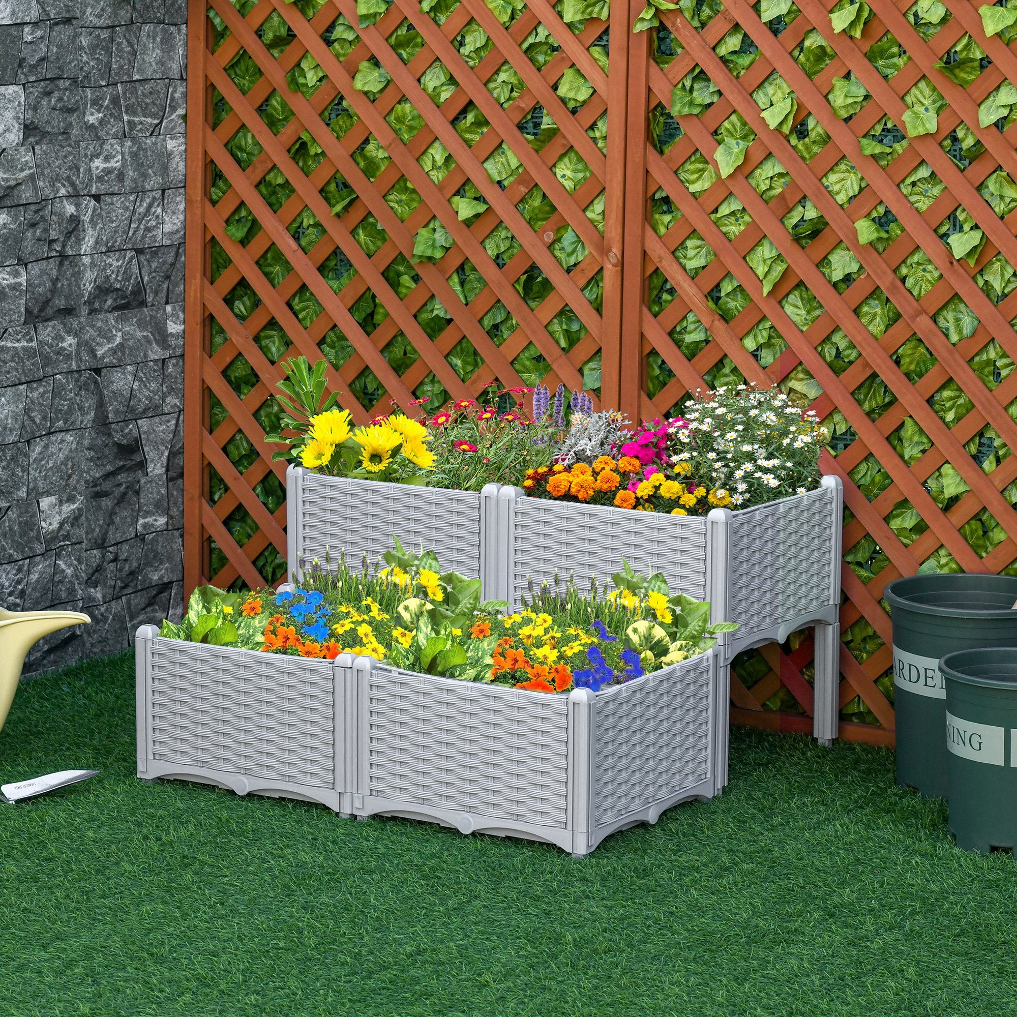 Outsunny 40cm x 40cm x 44cm 26L Set of 4 Garden Raised Bed Elevated Patio Flower Plant Planter Box PP Vegetables Planting Container, Grey 