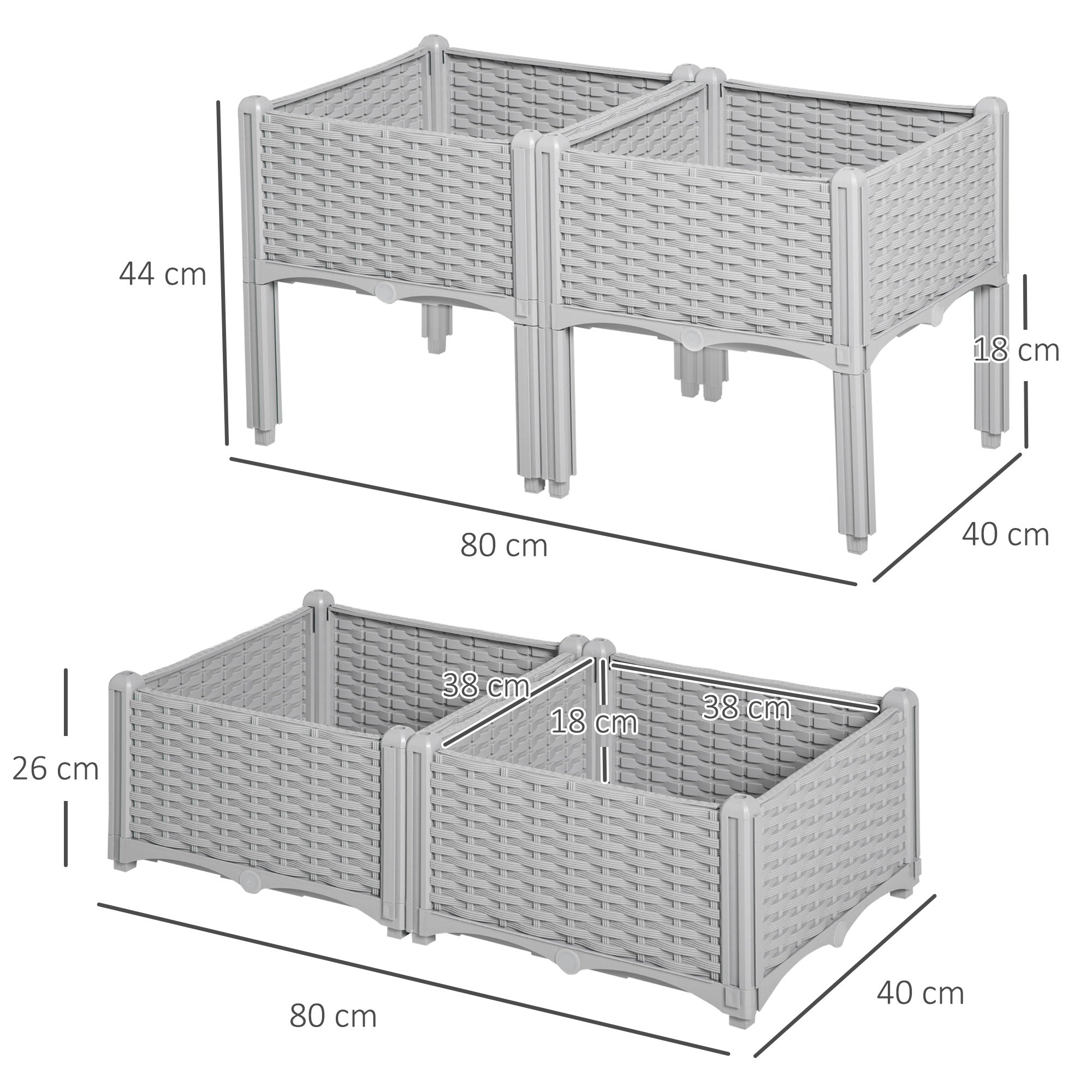 Outsunny 40cm x 40cm x 44cm 26L Set of 4 Garden Raised Bed Elevated Patio Flower Plant Planter Box PP Vegetables Planting Container, Grey 