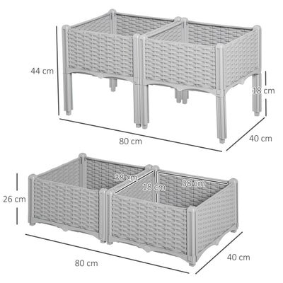 Outsunny 40cm x 40cm x 44cm 26L Set of 4 Garden Raised Bed Elevated Patio Flower Plant Planter Box PP Vegetables Planting Container, Grey 