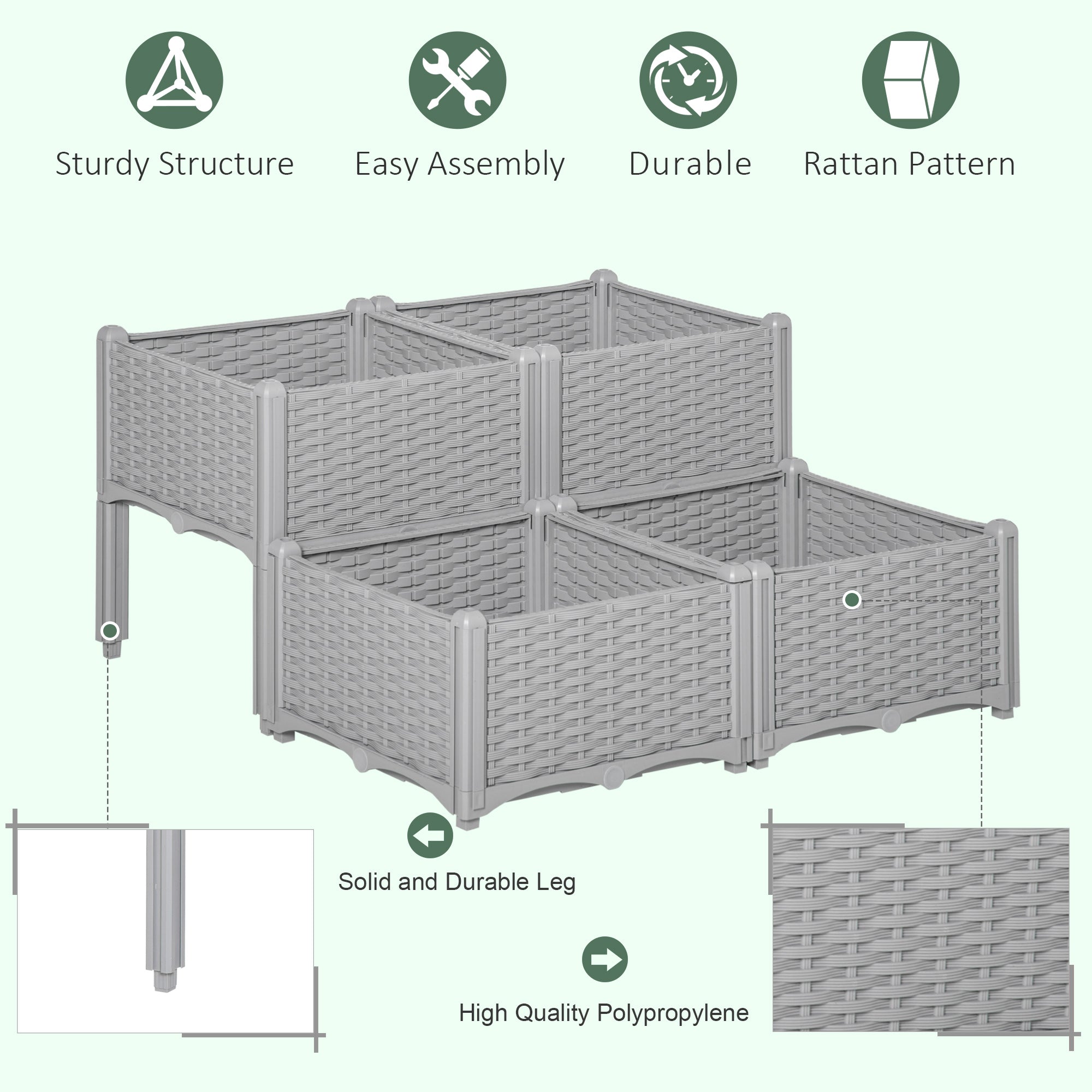 Outsunny 40cm x 40cm x 44cm 26L Set of 4 Garden Raised Bed Elevated Patio Flower Plant Planter Box PP Vegetables Planting Container, Grey 