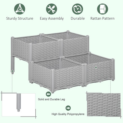 Outsunny 40cm x 40cm x 44cm 26L Set of 4 Garden Raised Bed Elevated Patio Flower Plant Planter Box PP Vegetables Planting Container, Grey 