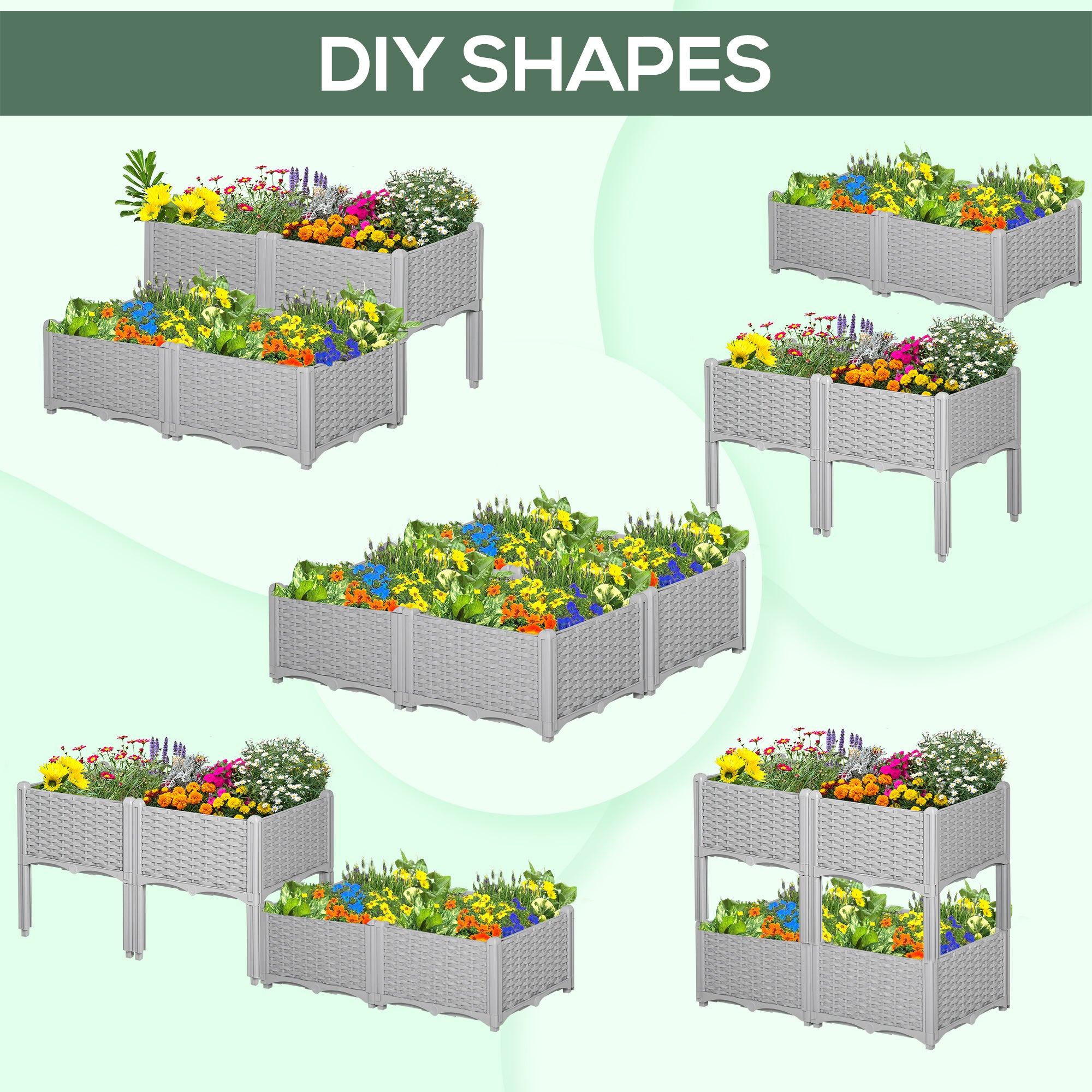 Outsunny 40cm x 40cm x 44cm 26L Set of 4 Garden Raised Bed Elevated Patio Flower Plant Planter Box PP Vegetables Planting Container, Grey 