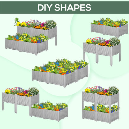 Outsunny 40cm x 40cm x 44cm 26L Set of 4 Garden Raised Bed Elevated Patio Flower Plant Planter Box PP Vegetables Planting Container, Grey 