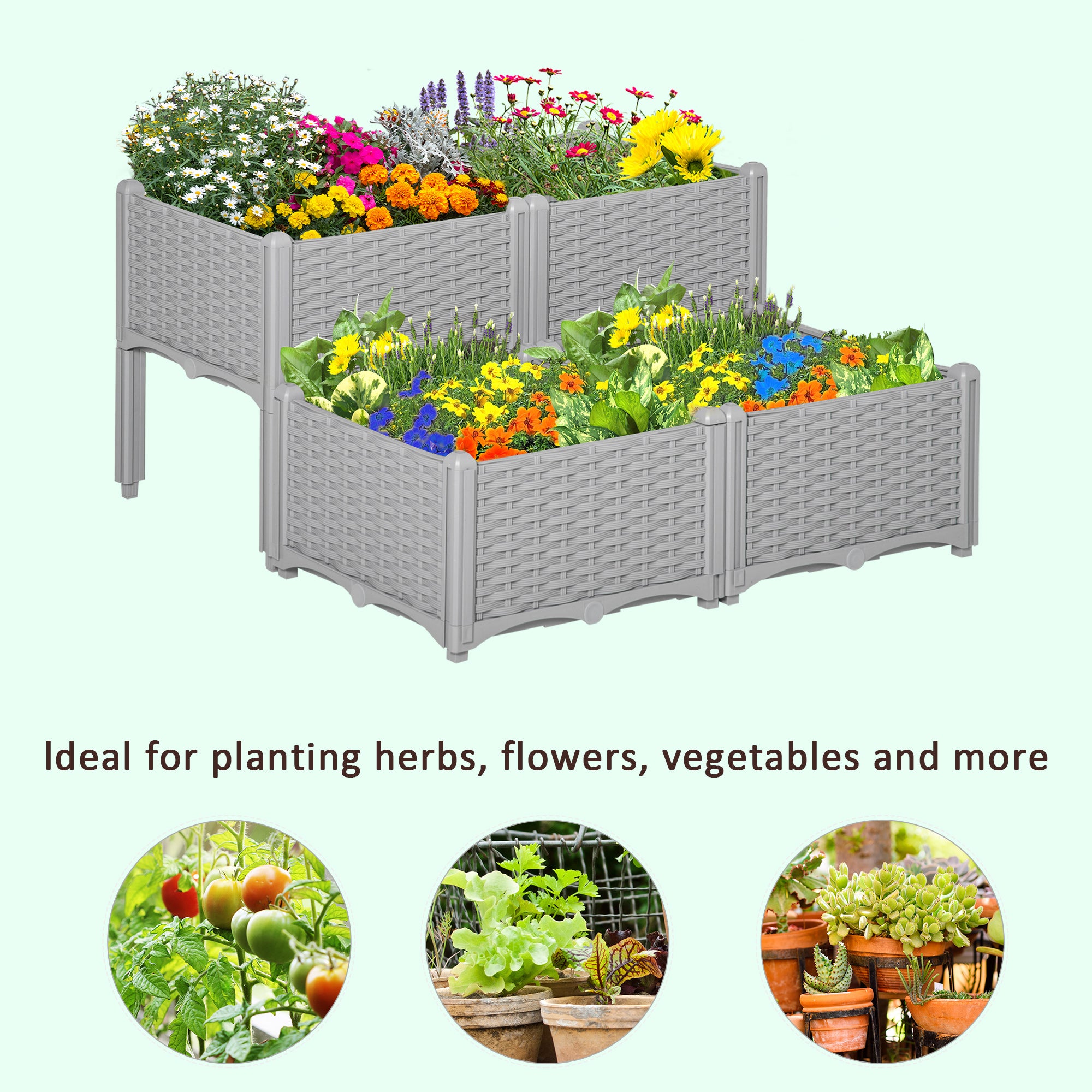 Outsunny 40cm x 40cm x 44cm 26L Set of 4 Garden Raised Bed Elevated Patio Flower Plant Planter Box PP Vegetables Planting Container, Grey 